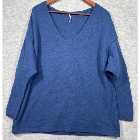 Free People Womens Sweater M Oversized Blue V-Neck Sweater Nylon Wool Yak Blend - Picture 1 of 5